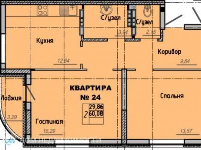 2-комнатная квартира Рябиновый, 60 м2, 6/16 эт.